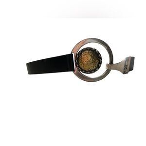 Chico’s Gold Silver Medallion Black Leather Adjustable Belt Sz M/L